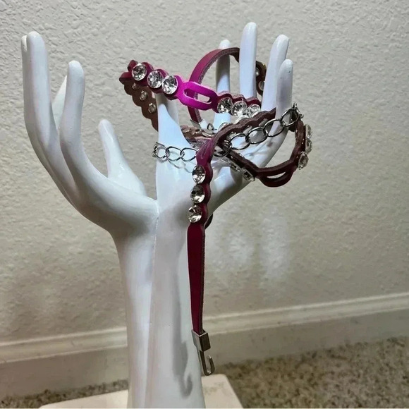 Teen Girl Rhinestone Belt Fuchsia Leather Chainlink Extension Silver Tone Belt - Picture 8 of 12